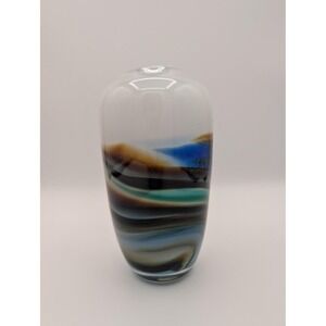 R. Stephens Signed 1981 Studio Art Glass Vase Abstract‎ Landscape Blue Brown 7"